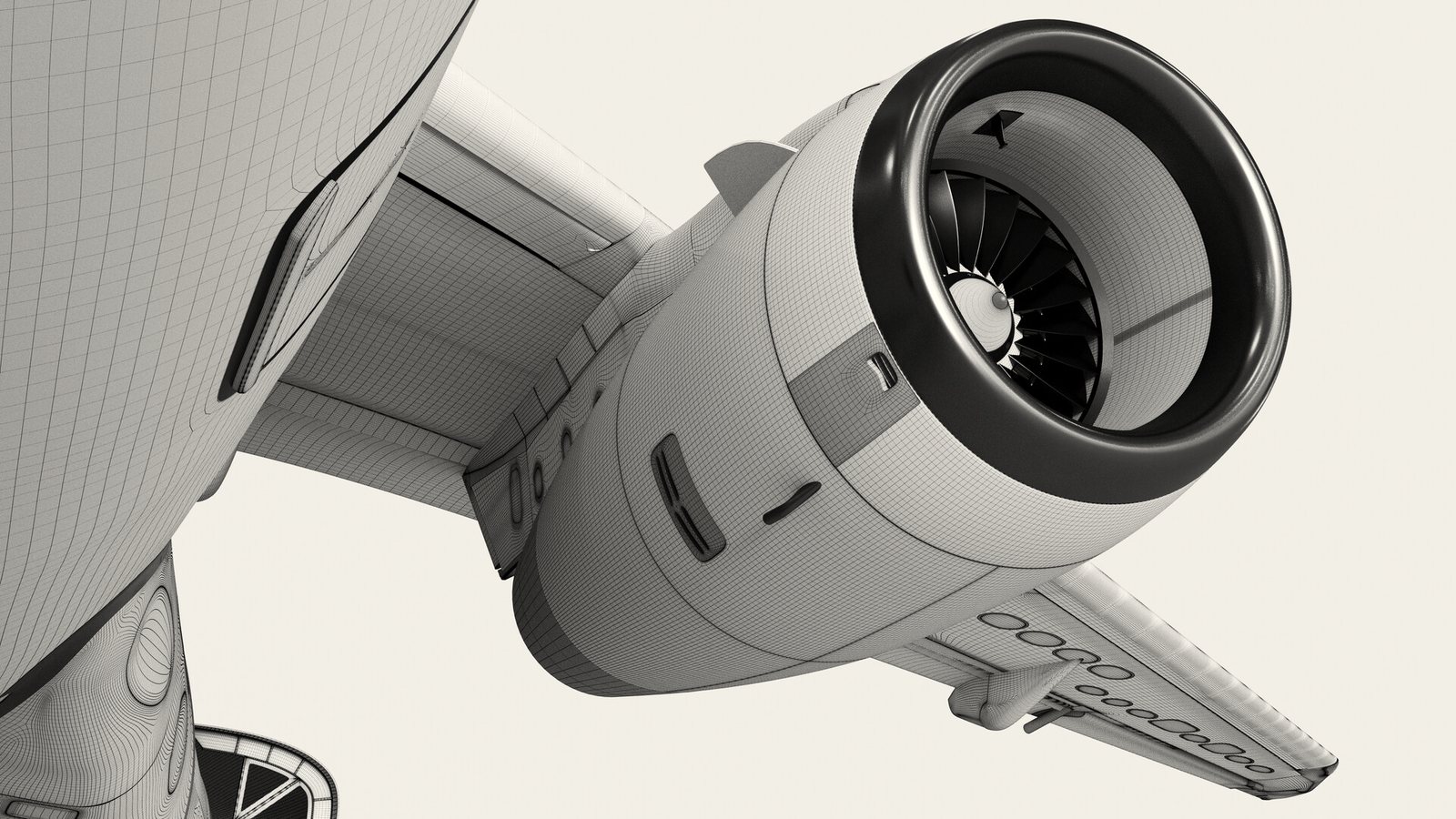 Motor e asa do KC-390 em modelo 3D
