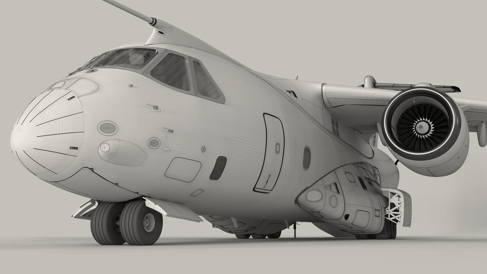 O KC-390 em modelo 3D, com as linhas de painel da fuselagem